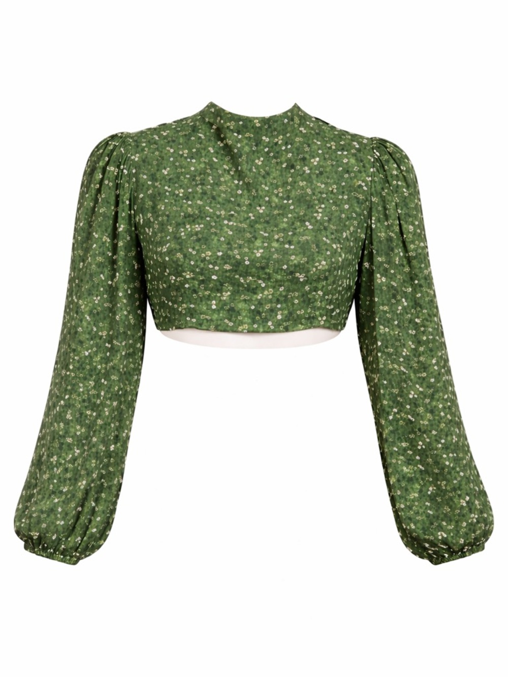 Olivaceous Green Floral Open Back Tie Crop Top Puff Sleeve Blouse | M